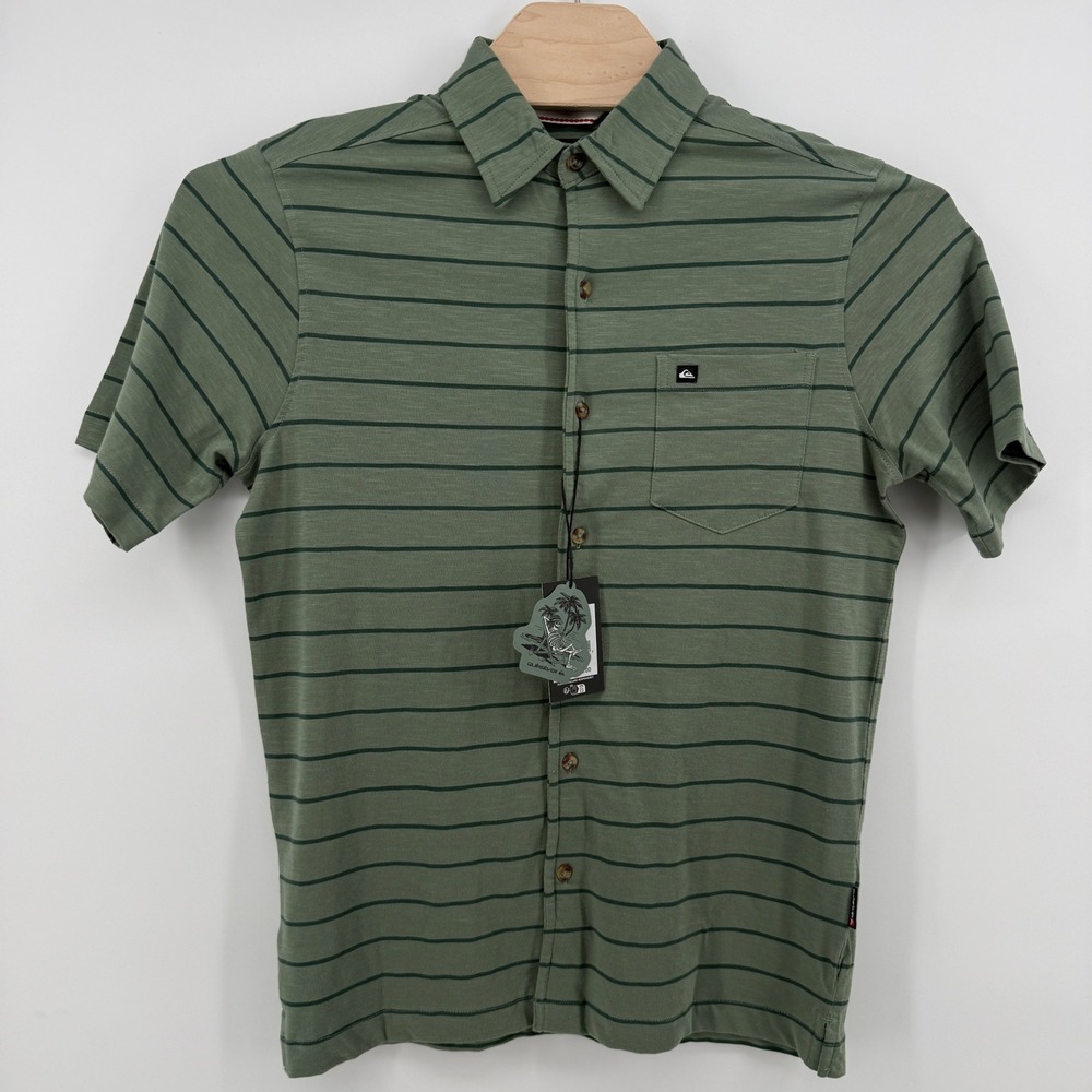 Quiksilver Shirt Mens S Sage Green Striped Short Sleeve Button Up NWT